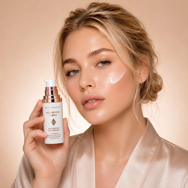 Rozjaśniająco-odżywcze serum do twarzy CRYSTALLOVE z kamieniem księżycowym, niacynamidem i kwasem hialuronowym