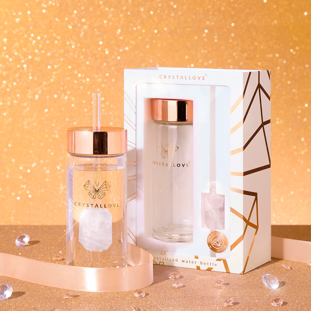 crystallove szklana butelka na wodę z kryształem górskim i słomką 400ml