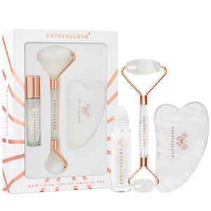 CRYSTALLOVE Clear Quartz Beauty Set - zestaw do masazu twarzy gua sha i roller z krysztalu gorskiego