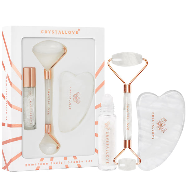 CRYSTALLOVE Clear Quartz Beauty Set - zestaw do masazu twarzy gua sha i roller z krysztalu gorskiego