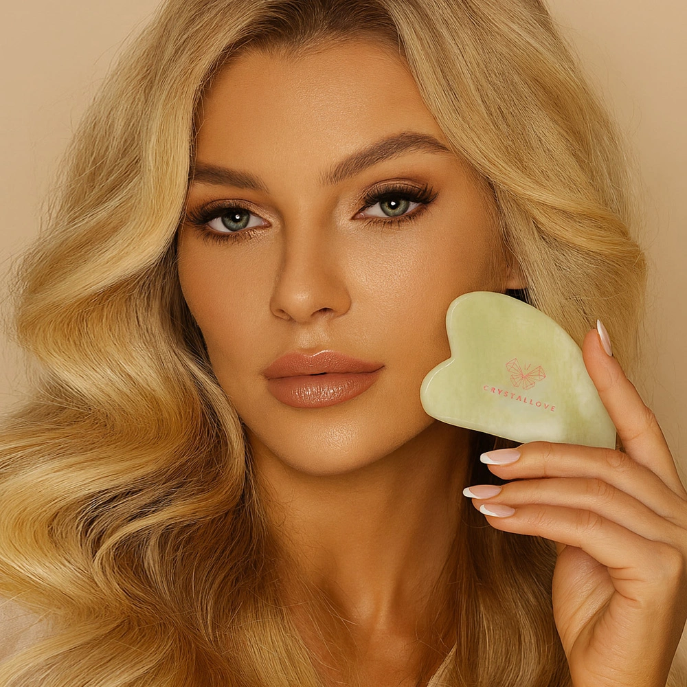 jadeitowa płytka gua sha marki CRYSTALLOVE do masażu twarzy z naturalnego kamienia