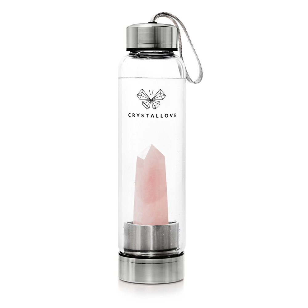 crystallove szklana butelka na wode z krysztalem kwarcem rozowym