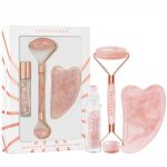 crystallove zestaw do masazu twarzy z kwarcu rozowego - roller z kwarcu , plytka gua sha , butelka z kwarcem