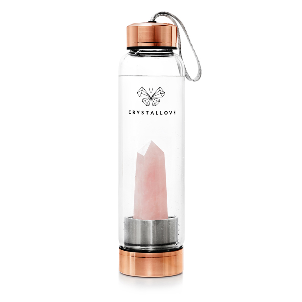 crystallove szklana butelka na wode z kwarcem rozowym