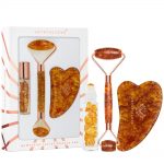 crystallove cognac amber beauty set roller do twarzy z bursztynu koniak - plytka gua sha z bursztynu - buteleczka roll-on