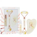 crystallove milky amber beauty set roller do twarzy z bursztynu mlecznego - plytka gua sha z bursztynu - buteleczka roll-on