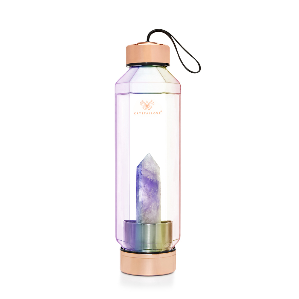 crystallove szklana butelka na wodę z ametystem hexagon hologram 650ml