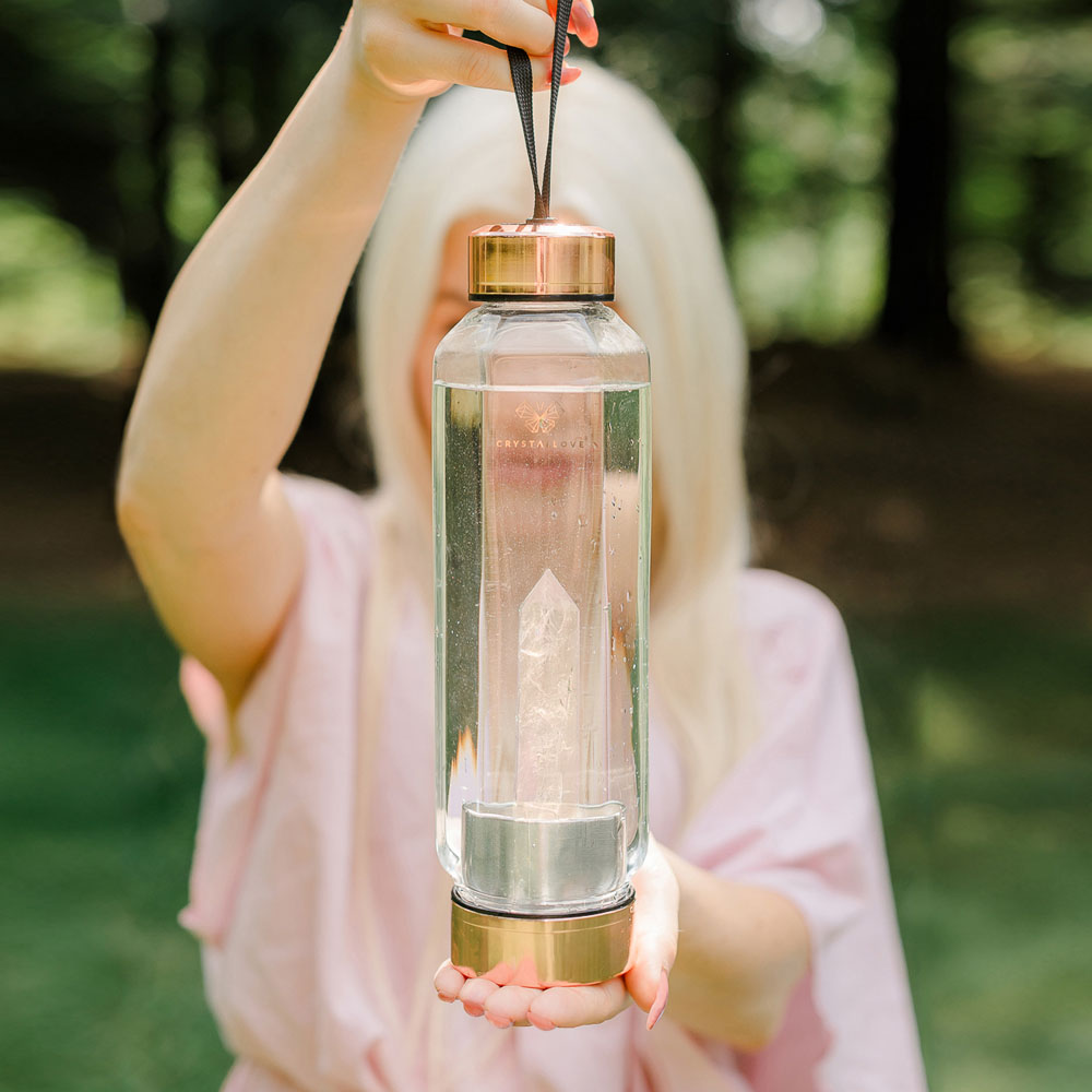 crystallove szklana butelka na wodę z kwarcem różowym - hexagon bottle