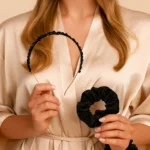 Opaska z obsydianem i czarna jedwabna gumka do włosów – CRYSTALLOVE