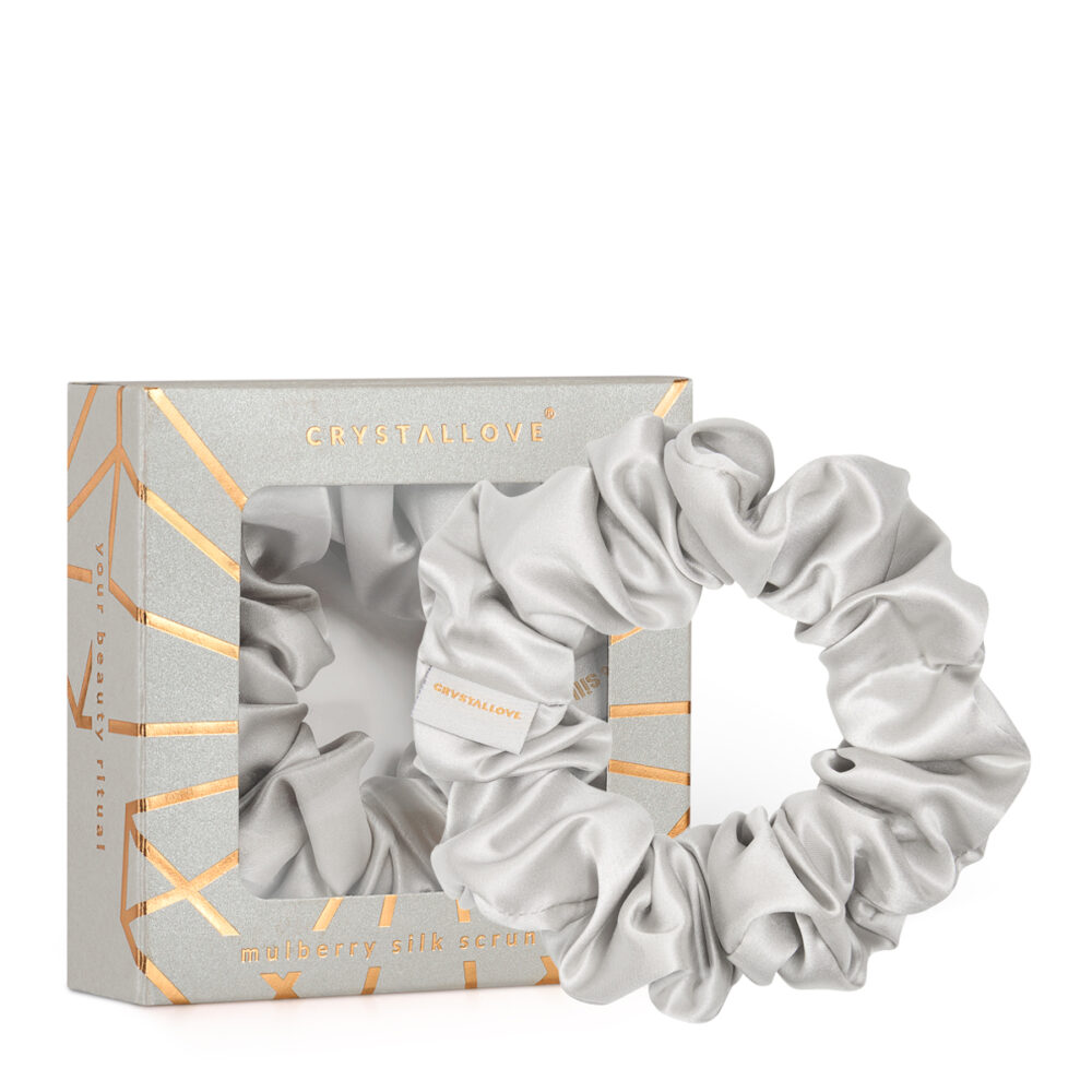 Jedwabna srebrna gumka do włosów CRYSTALLOVE w pudełku prezentowym