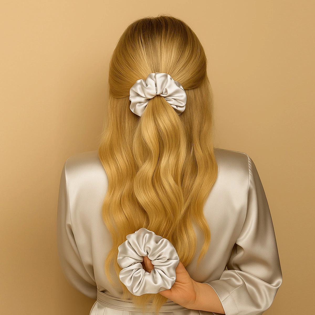 jedwabna gumka do włosów srebrna CRYSTALLOVE