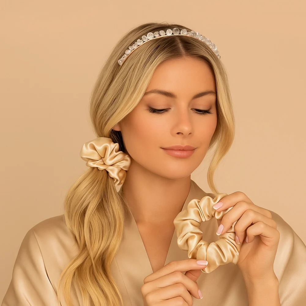 Opaska z kryształem górskim i złota jedwabna gumka do włosów CRYSTALLOVE