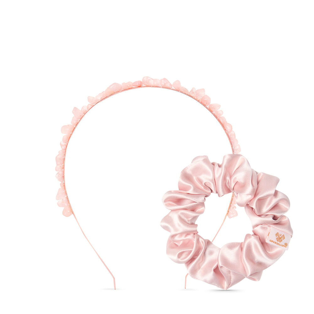 Zestaw do włosów z kwarcem różowym i jedwabną gumką w odcieniu pudrowego różu – CRYSTALLOVE