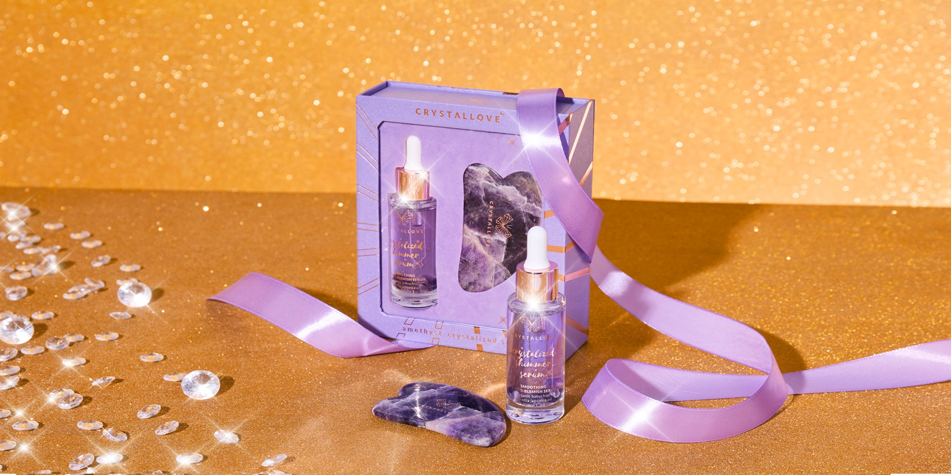 Ametystowy zestaw na prezent — serum i płytka gua sha CRYSTALLOVE serum z ametystem i płytka gua sha z ametystu na prezent CRYSTALLOVE