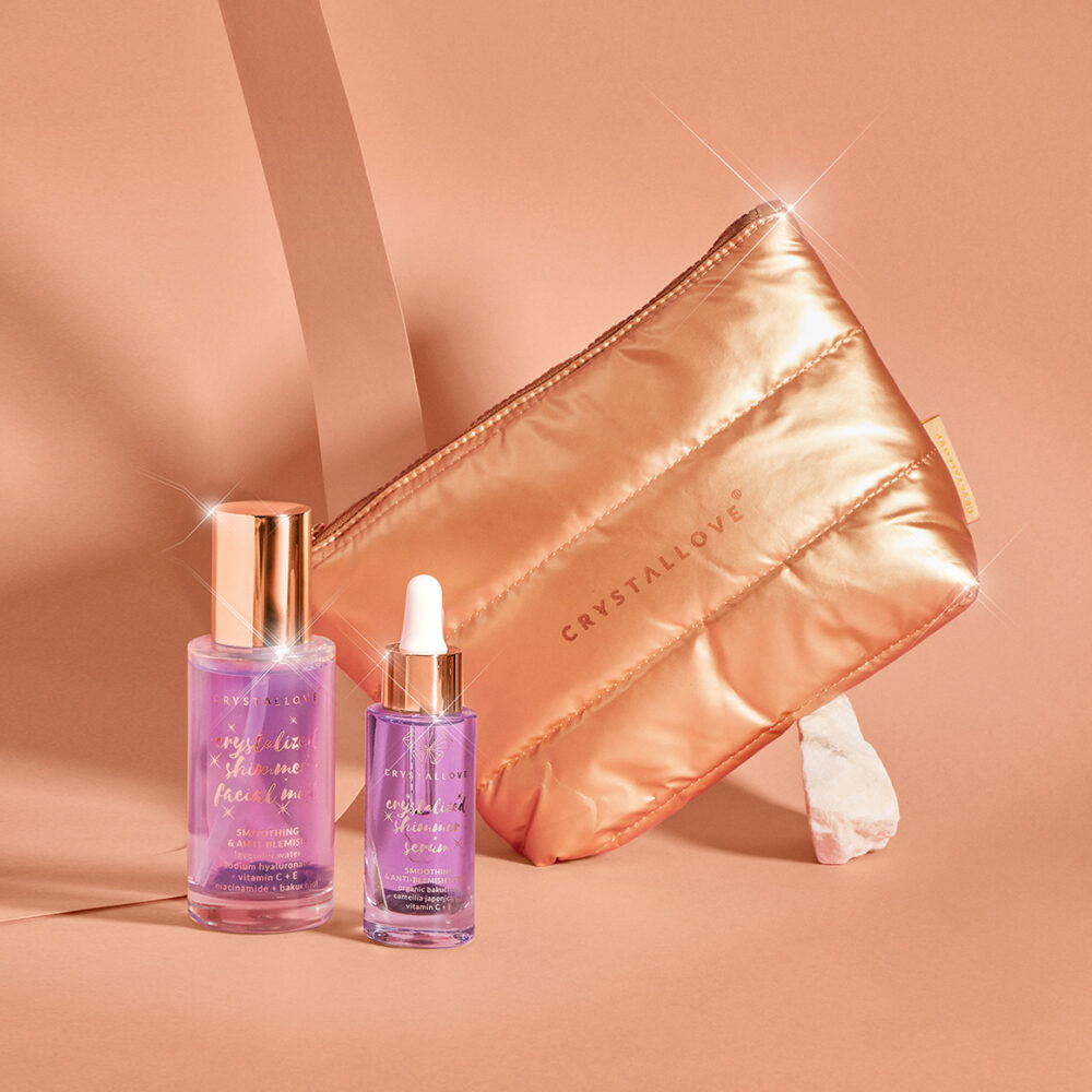 Amethyst Skincare Duo – serum i mgiełka do twarzy z ametystem oraz złota kosmetyczka CRYSTALLOVE