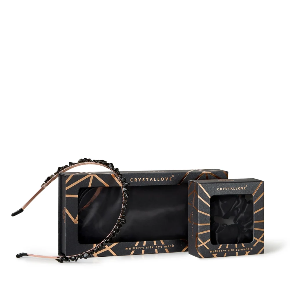 Czarny jedwabny zestaw do włosów z naturalnym obsydianem – CRYSTALLOVE