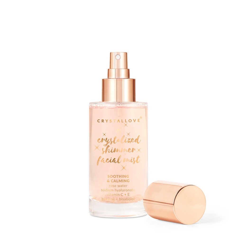 Mgiełka do twarzy z kwarcem różowym i różą CRYSTALLOVE w szklanym opakowaniu