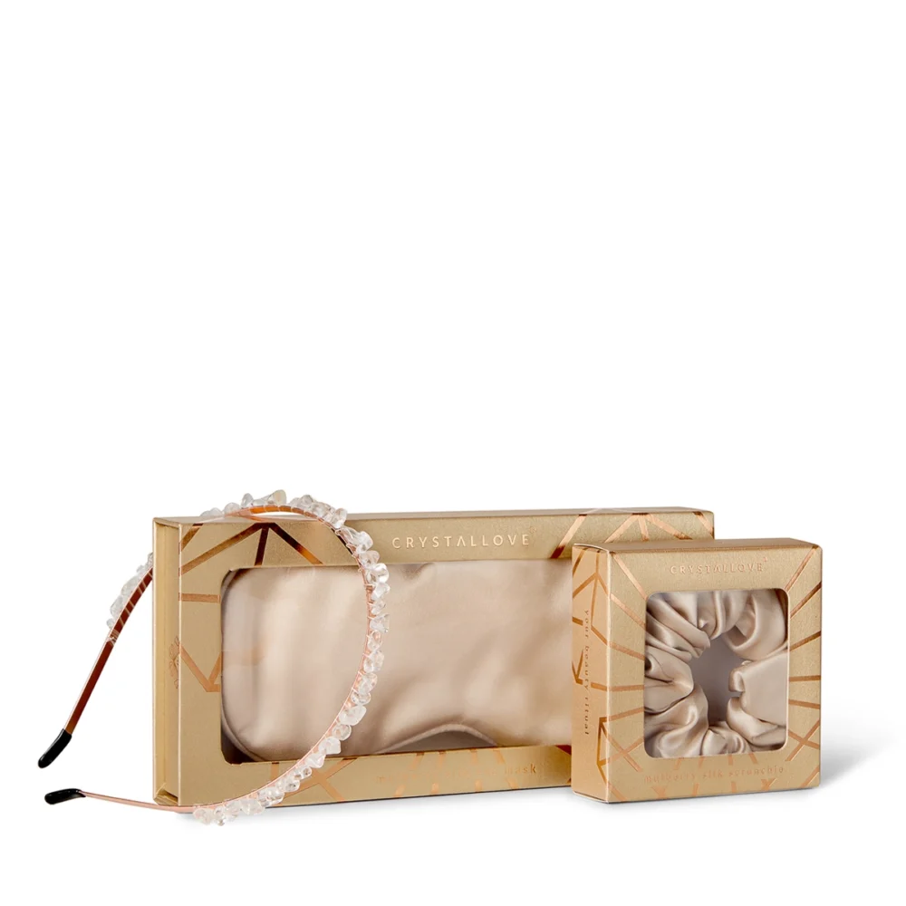 Złoty jedwabny zestaw do włosów z naturalnym kryształem – CRYSTALLOVE
