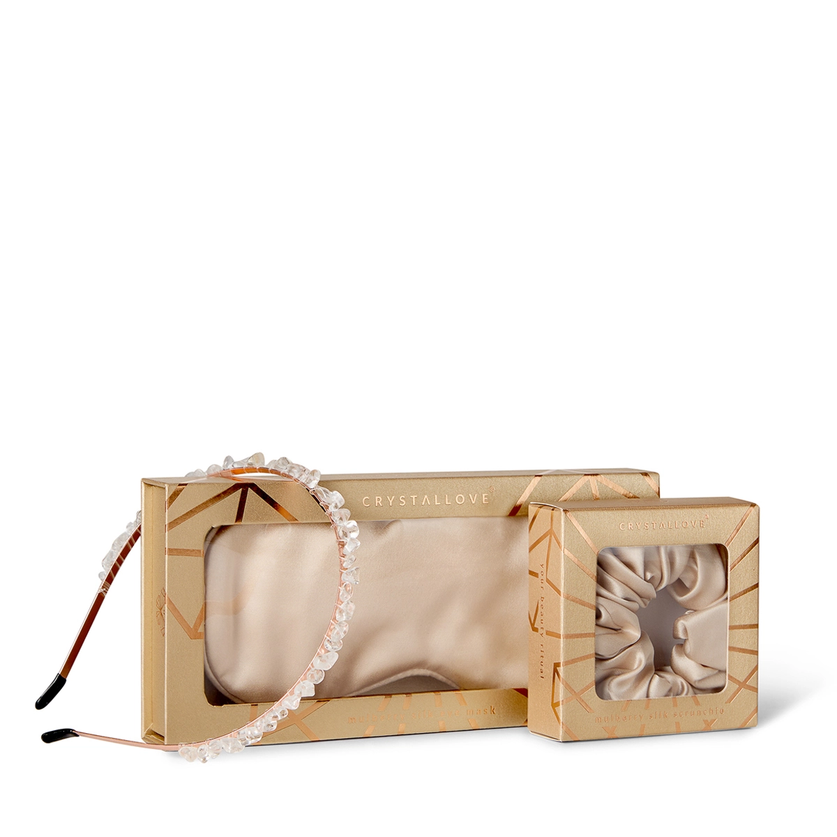 Złoty jedwabny zestaw do włosów z naturalnym kryształem – CRYSTALLOVE