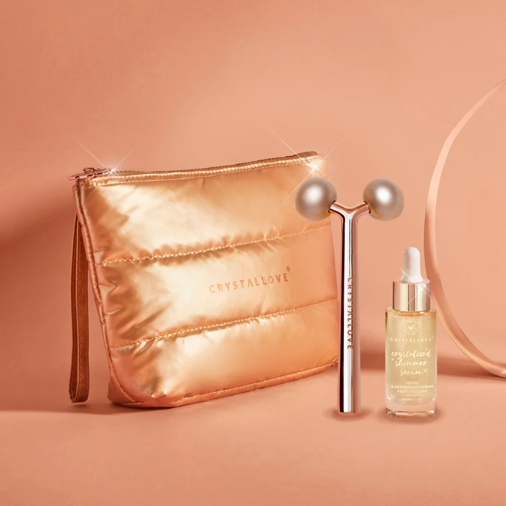 Miss CRYSTALLOVE Gold Set – kosmetyczka, masażer do twarzy i serum z kryształami górskimi