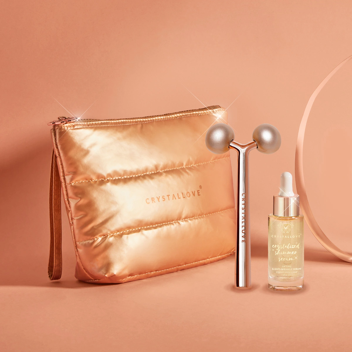 Miss CRYSTALLOVE Gold Set – kosmetyczka, masażer do twarzy i serum z kryształami górskimi