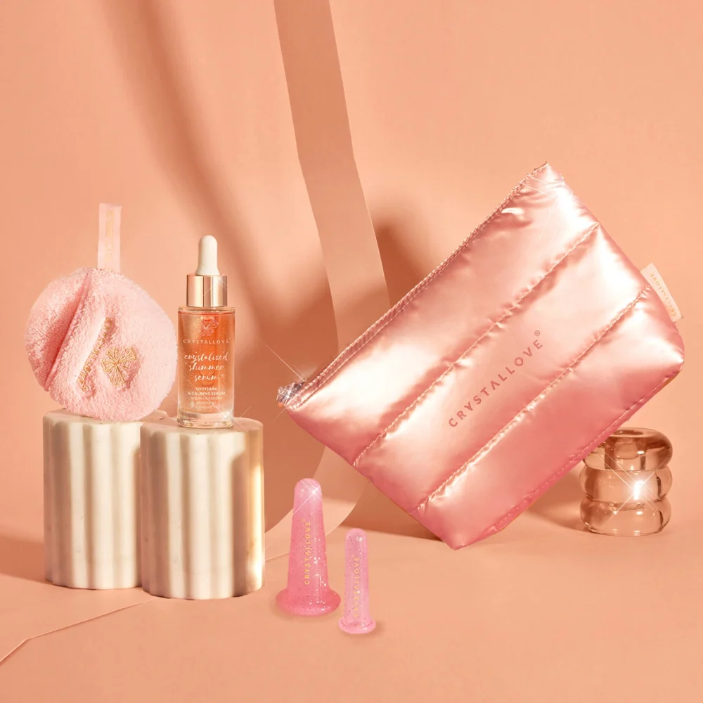 Miss CRYSTALLOVE Pink Set – kosmetyczka, bańki do twarzy, serum z kwarcem różowym i wacik wielokrotnego użytku