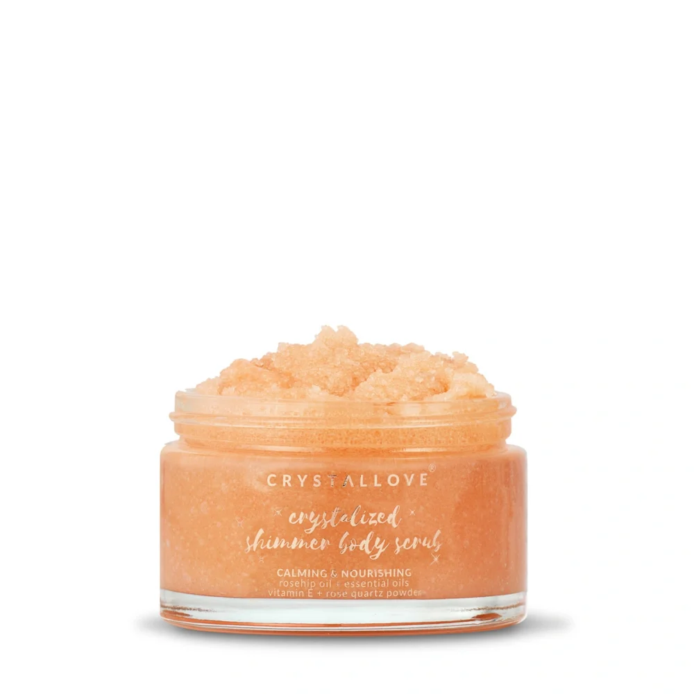 Peeling do ciała z kwarcem różowym i różą CRYSTALLOVE w szklanym opakowaniu