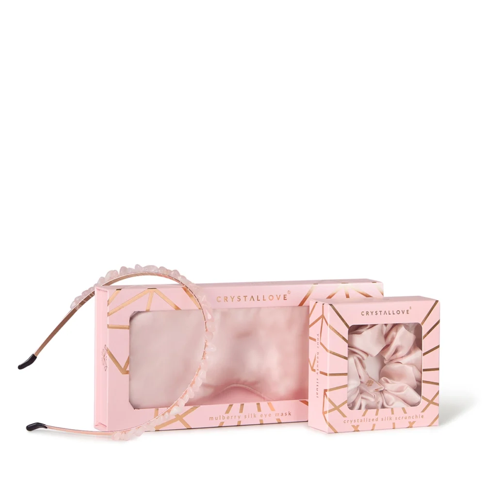 Różowy jedwabny zestaw do włosów z naturalnym kwarcem różowym – CRYSTALLOVE