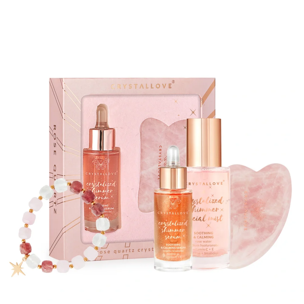 Zestaw prezentowy CRYSTALLOVE z kwarcem różowym – serum, Gua Sha, mgiełka i bransoletka z kamieni naturalnych